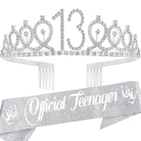 13th Birthday, 13th Birthday Gifts for Girls, 13th Birthday Tiara and Sash Silver, 13th