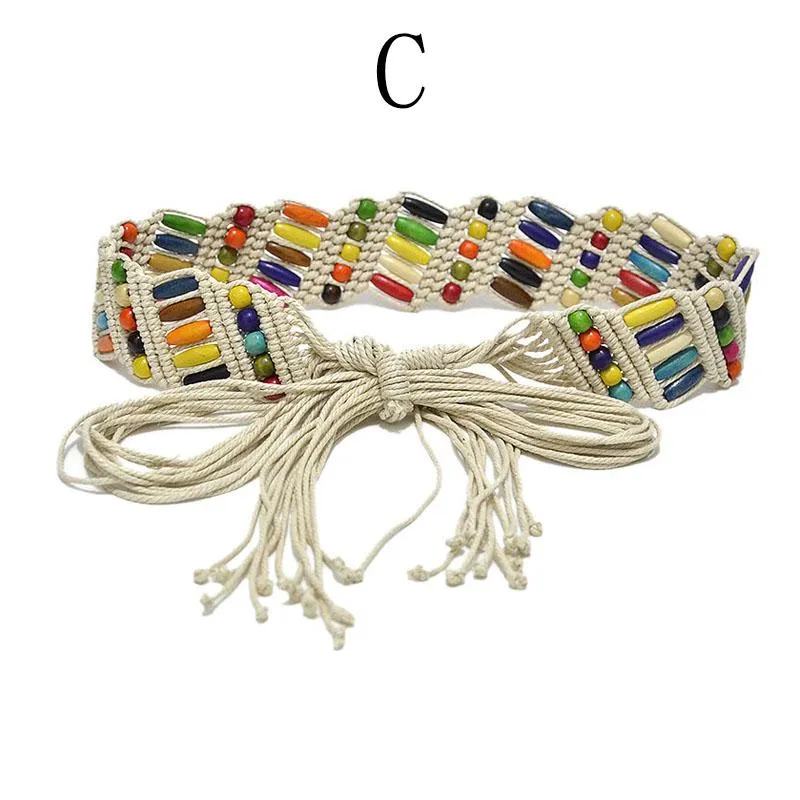 1PC Casual Women Braided Belt Wooden Bead Waistband Tassels Rope Ethnic Colourful Fashion