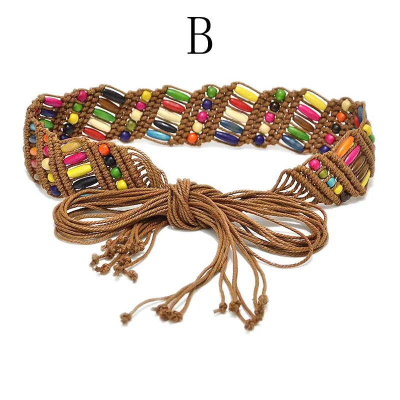 1PC Casual Women Braided Belt Wooden Bead Waistband Tassels Rope Ethnic Colourful Fashion