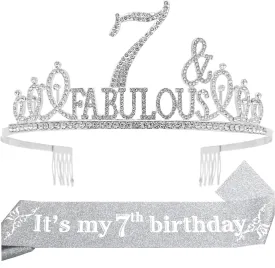 7th Birthday Gifts for Girls,7th Birthday Tiara and Sash Silver,7th Birthday Decorations