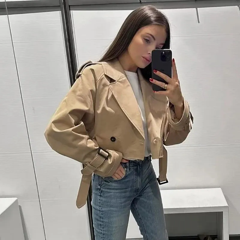 Belt Cropped Trench Jacket Women Autumn Fashion Vintage Streetwear Double Breasted Long Sleeve Top Female Chic Lady Coat Outfits