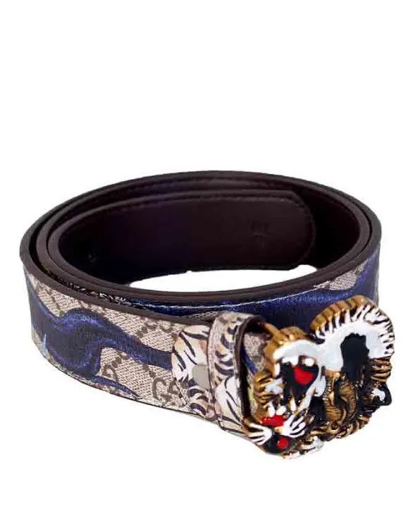 Bengal Tiger Print and Buckle Leather Belt Biege