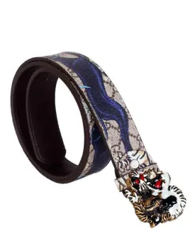 Bengal Tiger Print and Buckle Leather Belt Biege