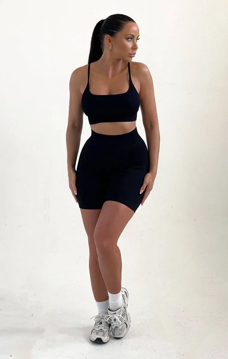 Black Strappy High Waisted Ribbed Top And Shorts Activewear