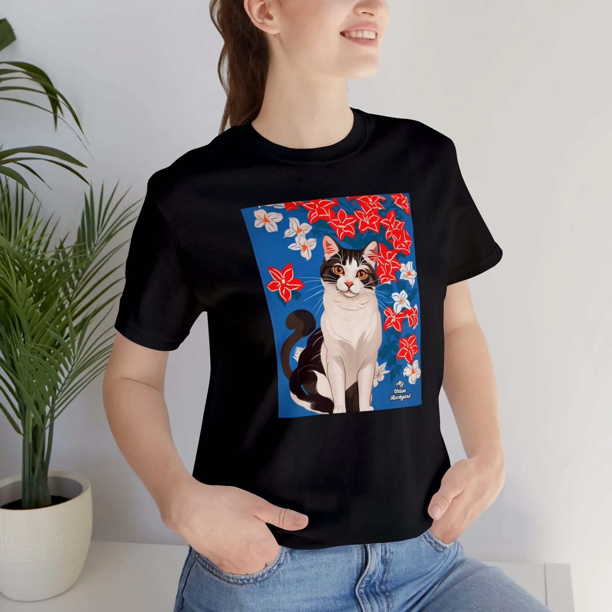 Cat with Red and White Flowers, Soft 100% Jersey Cotton T-Shirt, Unisex, Short Sleeve, Retail Fit