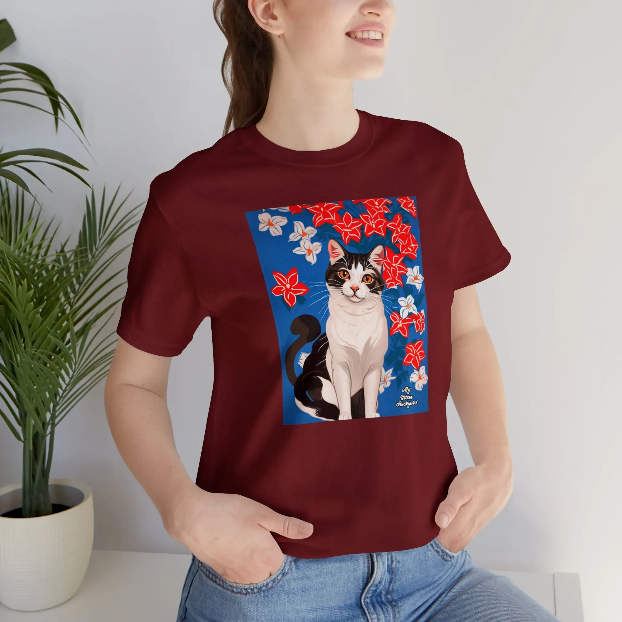 Cat with Red and White Flowers, Soft 100% Jersey Cotton T-Shirt, Unisex, Short Sleeve, Retail Fit