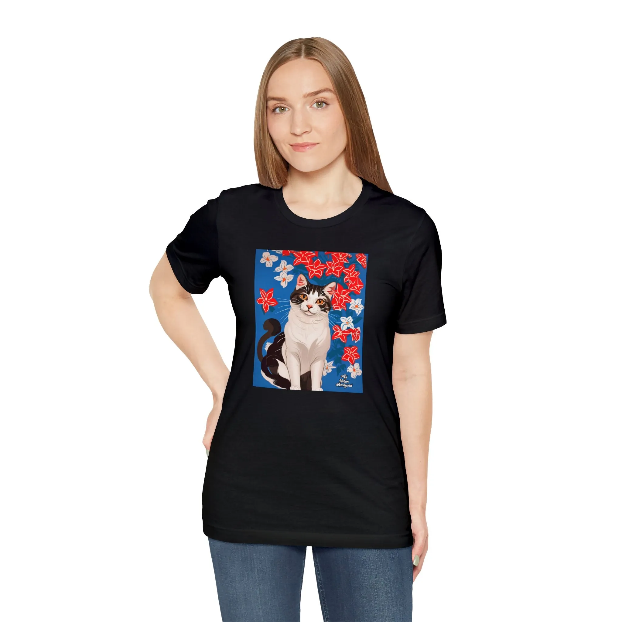 Cat with Red and White Flowers, Soft 100% Jersey Cotton T-Shirt, Unisex, Short Sleeve, Retail Fit