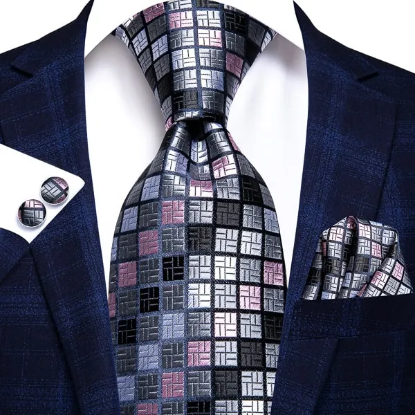 Classy Men Grey Pink Checkered Silk Tie