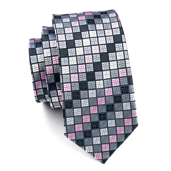 Classy Men Grey Pink Checkered Silk Tie