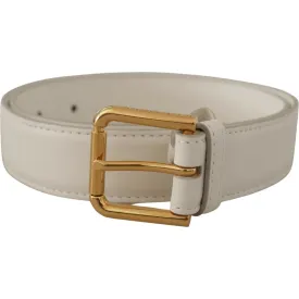 Dolce & Gabbana Chic White Leather Belt with Gold Engraved Buckle