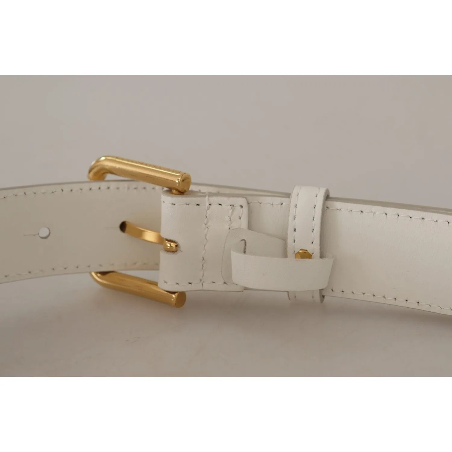 Dolce & Gabbana Chic White Leather Belt with Gold Engraved Buckle