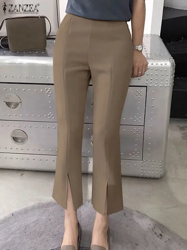 Elegant Women OL Pants Elastic Waist Casual Trousers 2024 ZANZEA Summer Fashion Solid Color Pantalons Office Bell-bottoms Femme