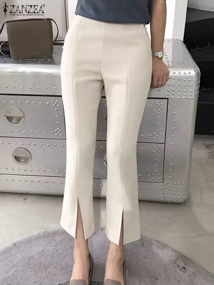 Elegant Women OL Pants Elastic Waist Casual Trousers 2024 ZANZEA Summer Fashion Solid Color Pantalons Office Bell-bottoms Femme