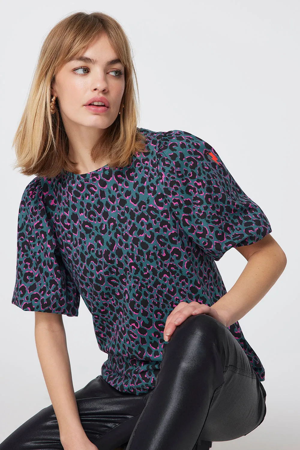 Green with Pink and Black Shadow Leopard Puff Sleeve T-Shirt