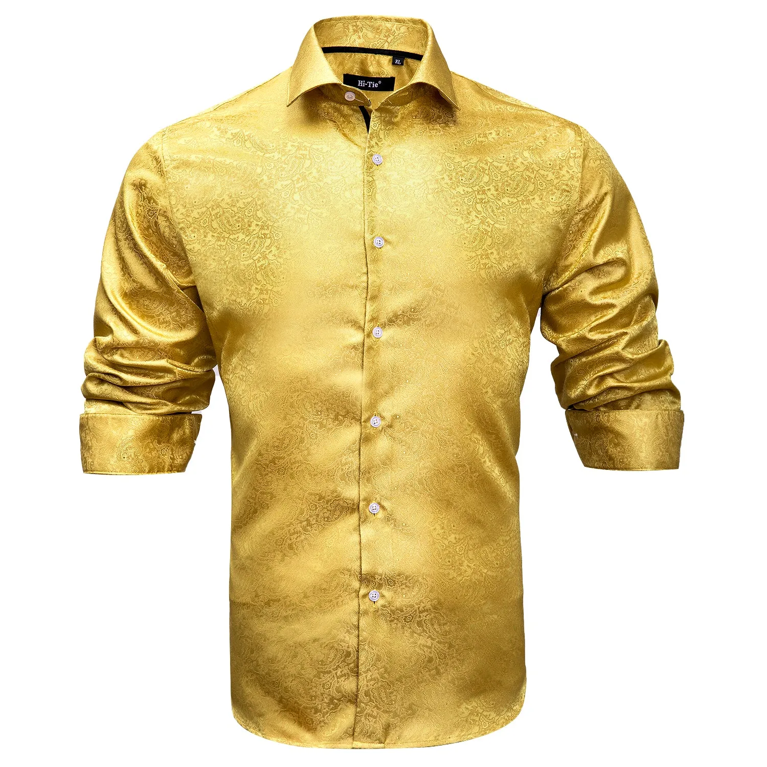 Hi-Tie Mustard Dress Shirt Yellow Golden Paisley Men Long Sleeve Shirt