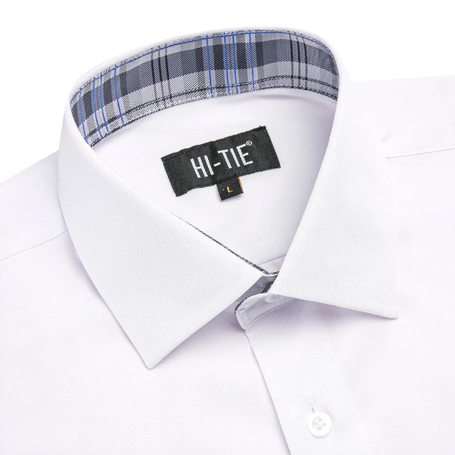 Hi-Tie White Solid Dress Shirt Grey Collar Silk Men Short Sleeve Shirt