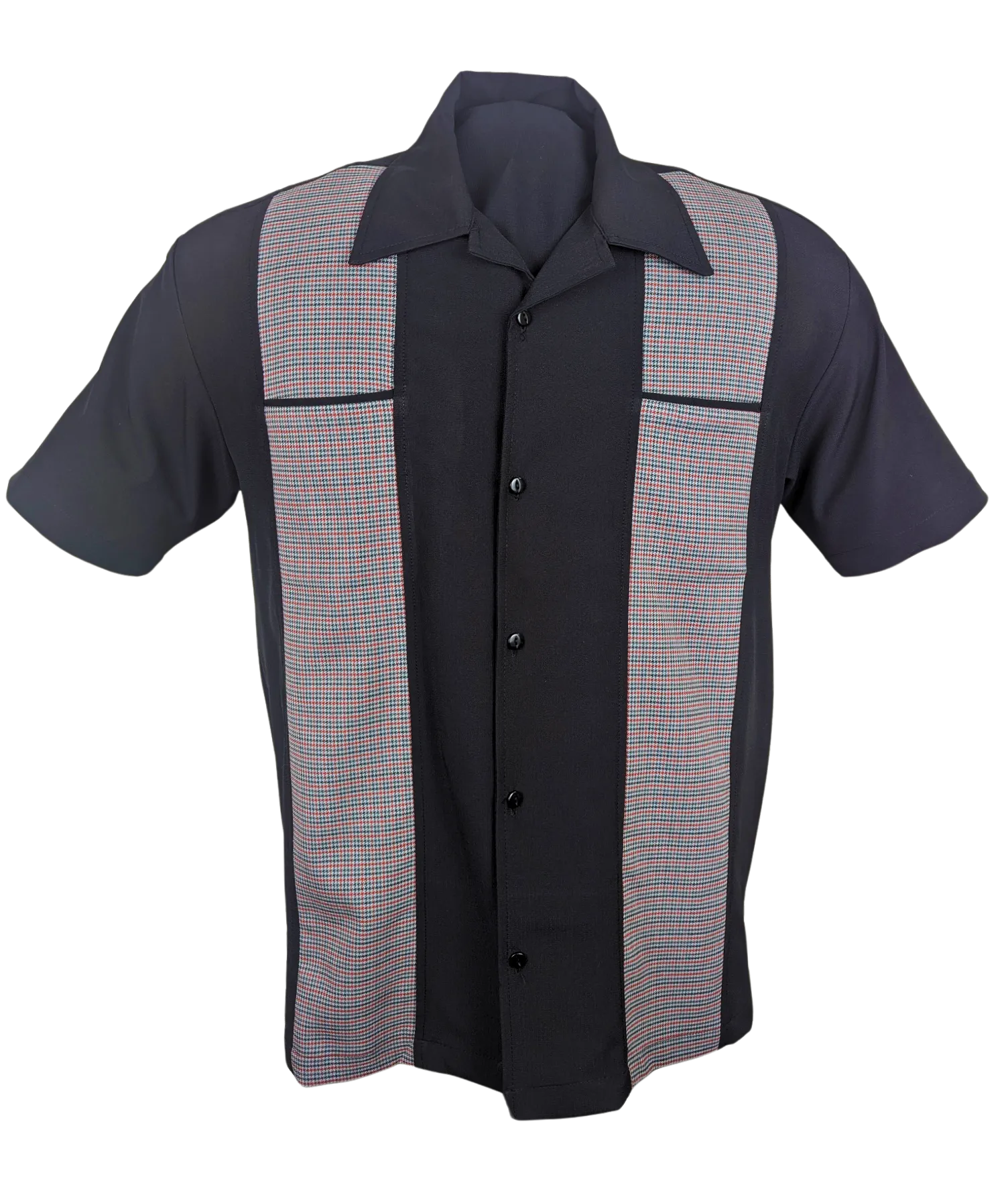 Houndstooth Panel Bowling Shirt in Black