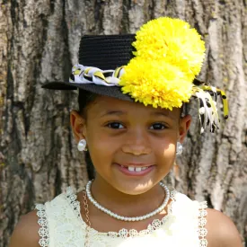 KH4443-Kids hat with yellow flower/satin trims and rhinestones