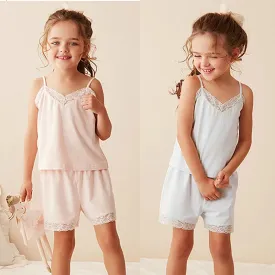 Kid's Girl's Lace Sleeveless Pajama Sets.Cute Pyjamas Set Tops Shorts.Toddler Kids Camisole Sleep Loungewear Children’s Clothing