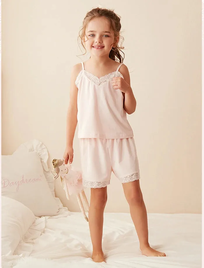 Kid's Girl's Lace Sleeveless Pajama Sets.Cute Pyjamas Set Tops Shorts.Toddler Kids Camisole Sleep Loungewear Children’s Clothing