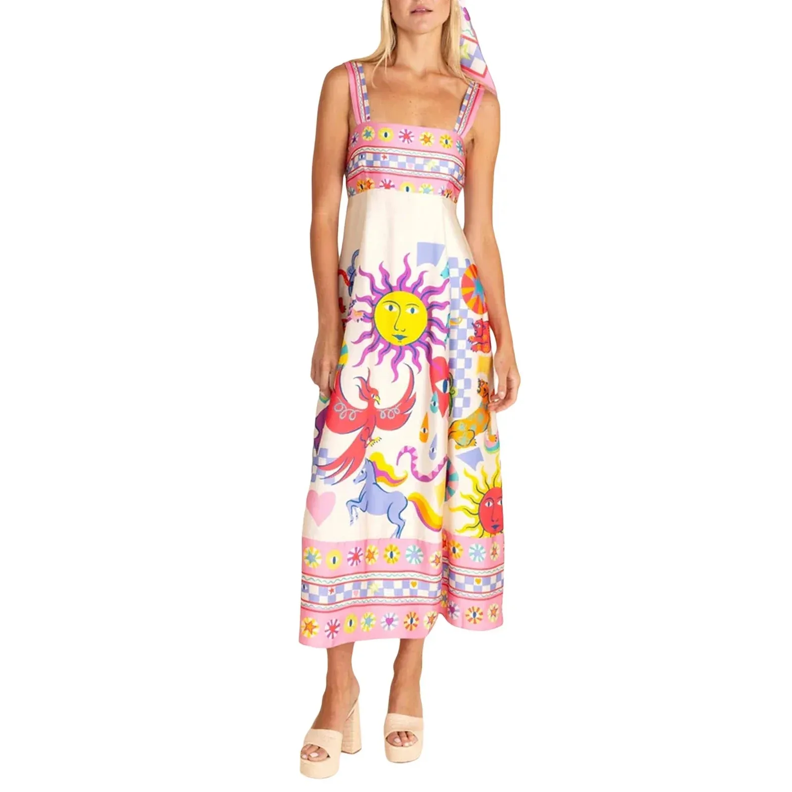 Long Bohemian Print Sleeveless Square Neck A-line Flowy Beach Leisure Retro Elegant Casual Summer Dress