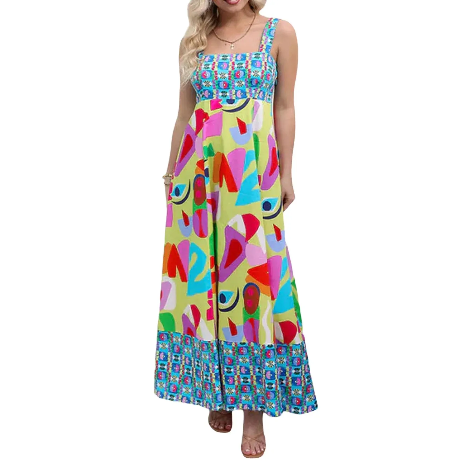 Long Bohemian Print Sleeveless Square Neck A-line Flowy Beach Leisure Retro Elegant Casual Summer Dress