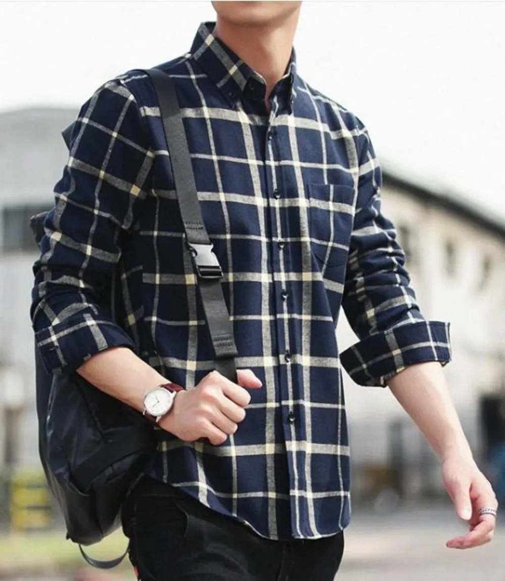 Mens Long Sleeve Checkered Cotton Shirt in Red