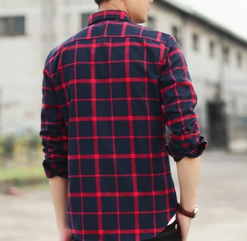 Mens Long Sleeve Checkered Cotton Shirt in Red