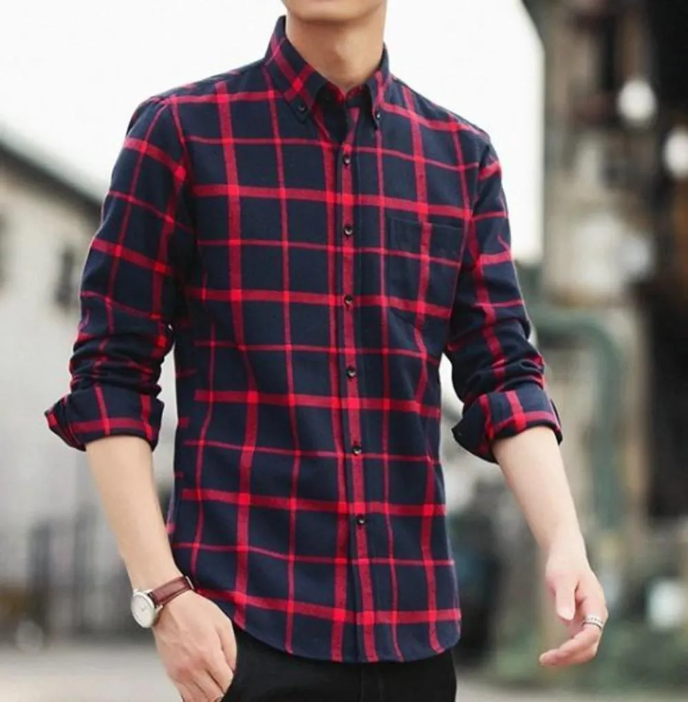 Mens Long Sleeve Checkered Cotton Shirt in Red