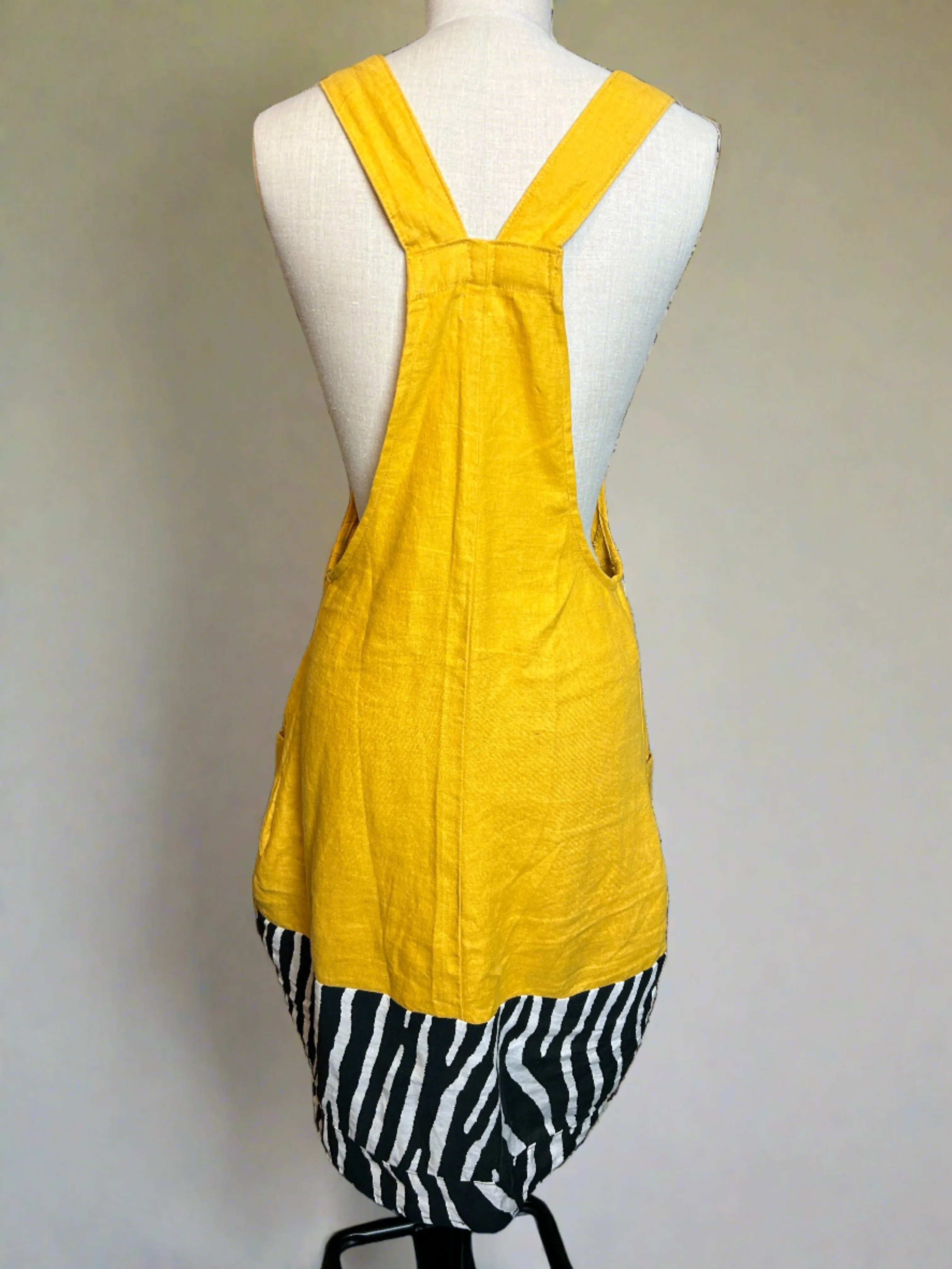 Nimpy Clothing upcycled 100% linen golden yellow and zebra dungaree dress small/medium