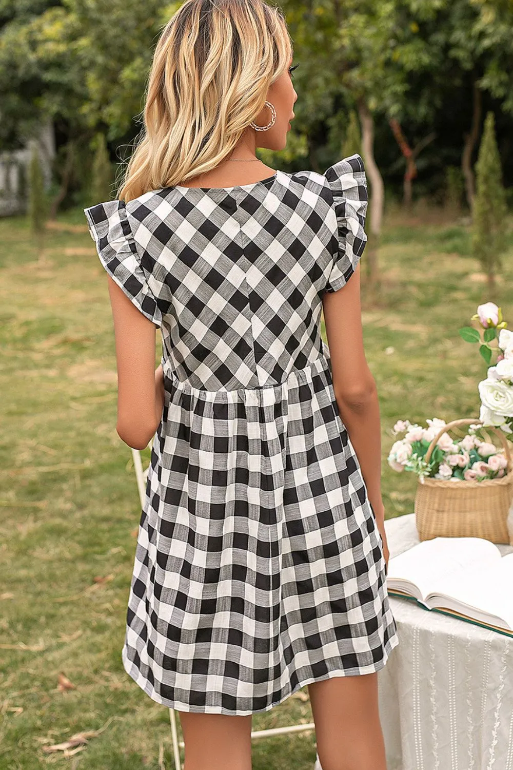 Plaid Butterfly Sleeve Deep V Dress