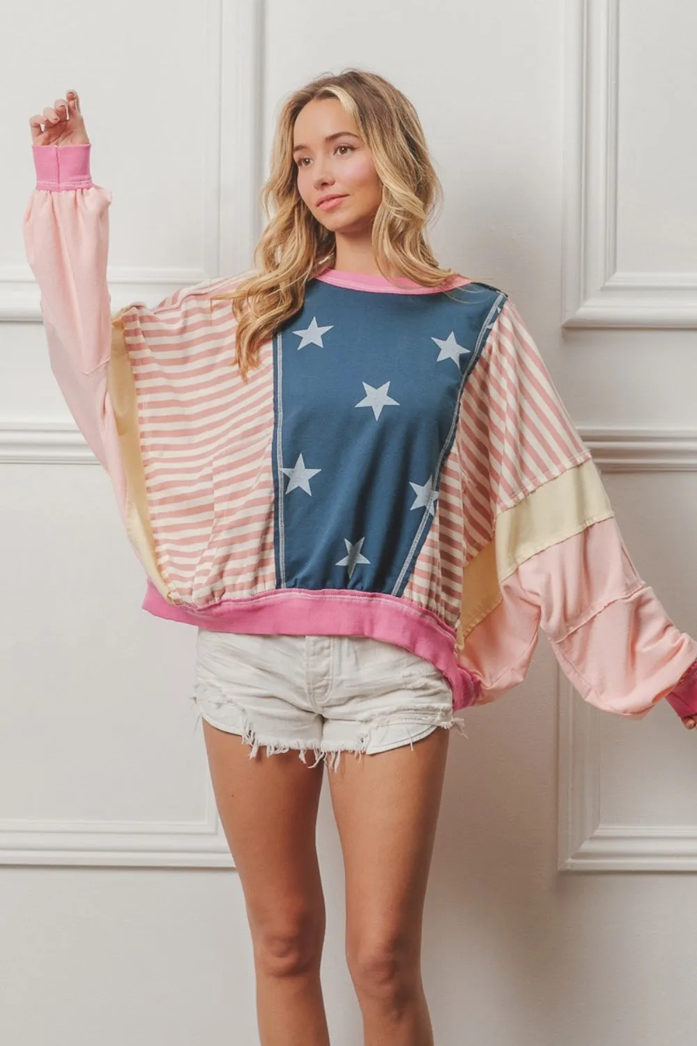 Stars and Stripes Round Neck Long Sleeve Top