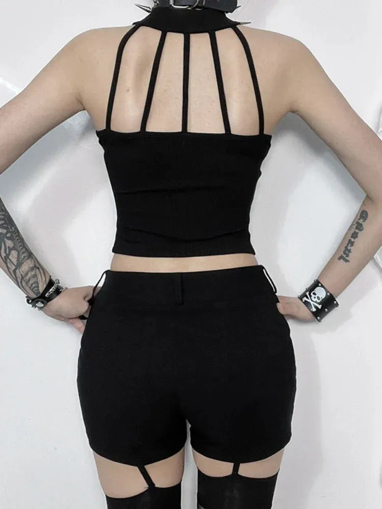 Streetwear Cyber Patchwork Crop Punk Alt Gothic Dark Grunge Black Cross Top