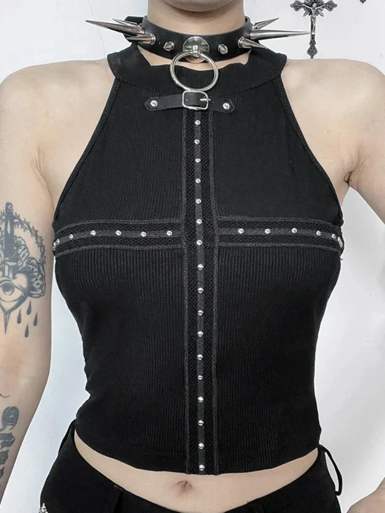 Streetwear Cyber Patchwork Crop Punk Alt Gothic Dark Grunge Black Cross Top