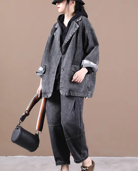 Women Cotton Denim Tops Coat Suit Collar Loose Autumn Spring Outfit H9505