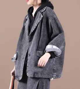 Women Cotton Denim Tops Coat Suit Collar Loose Autumn Spring Outfit H9505