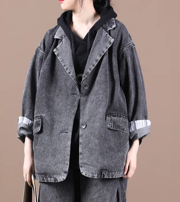 Women Cotton Denim Tops Coat Suit Collar Loose Autumn Spring Outfit H9505