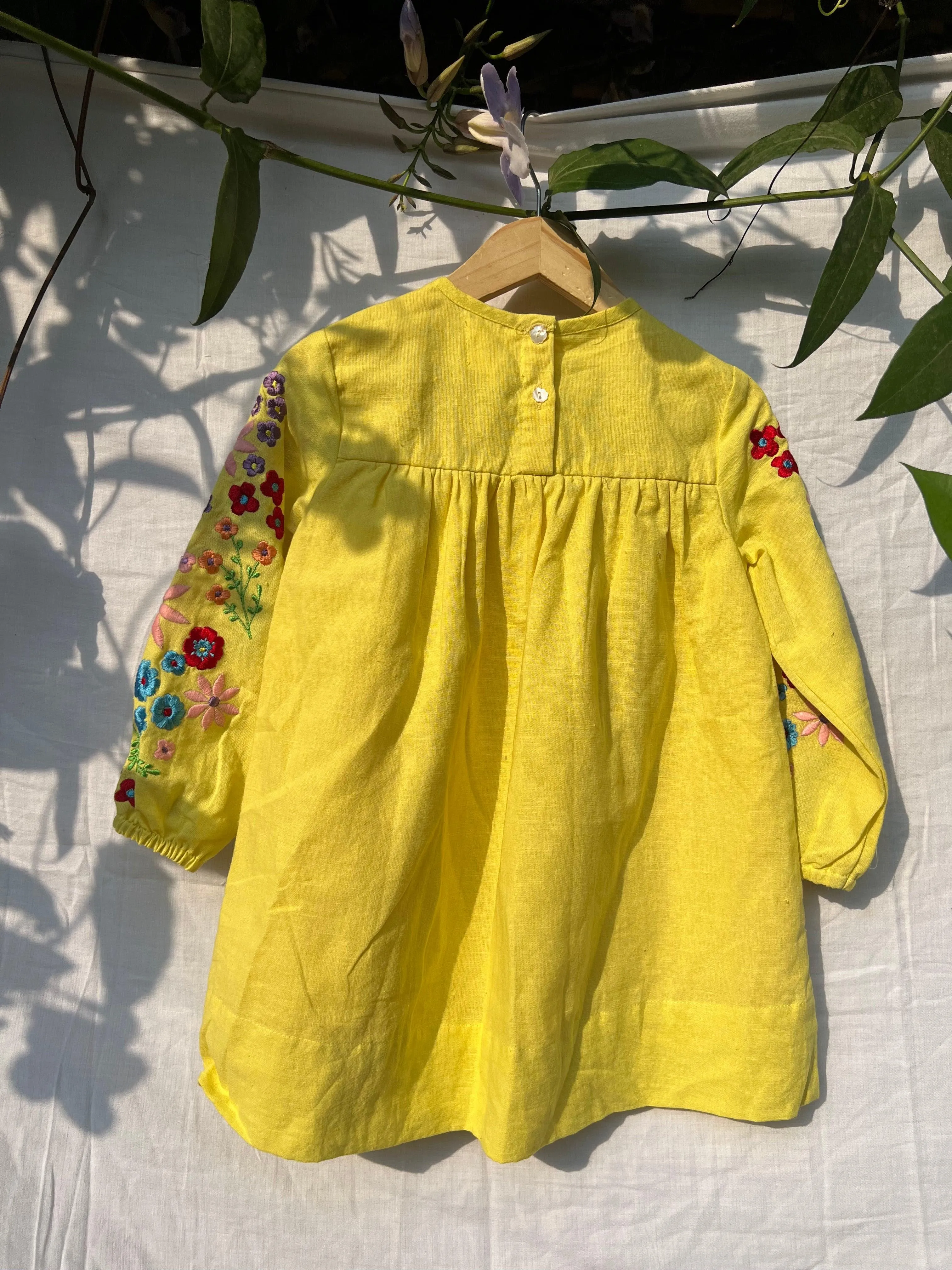 YELLOW EMBROIDERED GATHERED DRESS