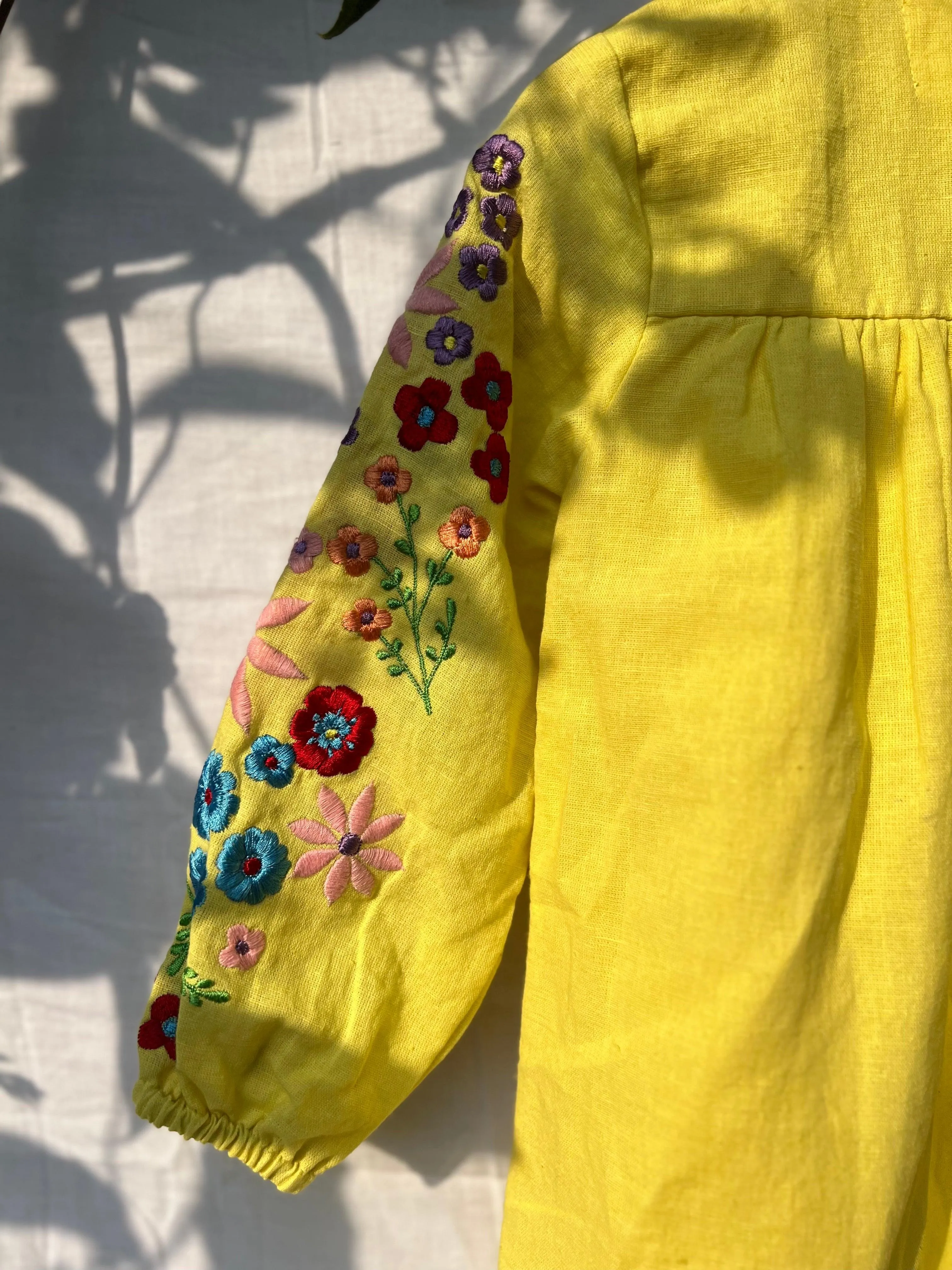 YELLOW EMBROIDERED GATHERED DRESS